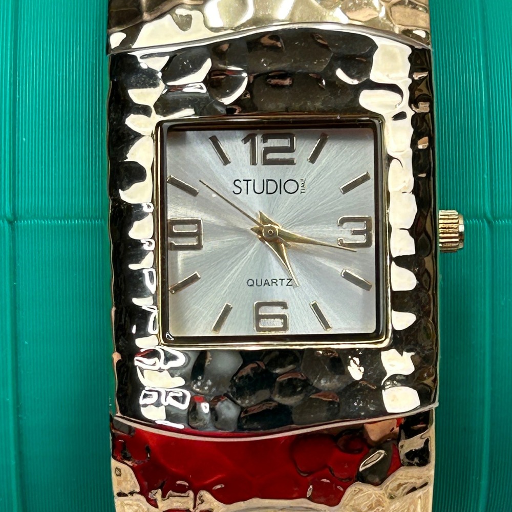 Studio Time Gold Tone Hammered Cuff Watch Square Dial STD2558 Tested‎